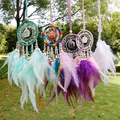 Natural Crystal Dream catchers 7 Chakra Gemstone Dream Catcher Amulet Feather Dream Catchers Bedroom Wall  Hangings Decor