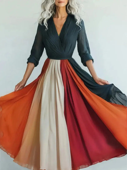 New Bohemian Style Long Sleeve Mesh Dress Vacation Vibes Full Skirt Chiffon Dress V-neck Ankle-length Regular Waistline