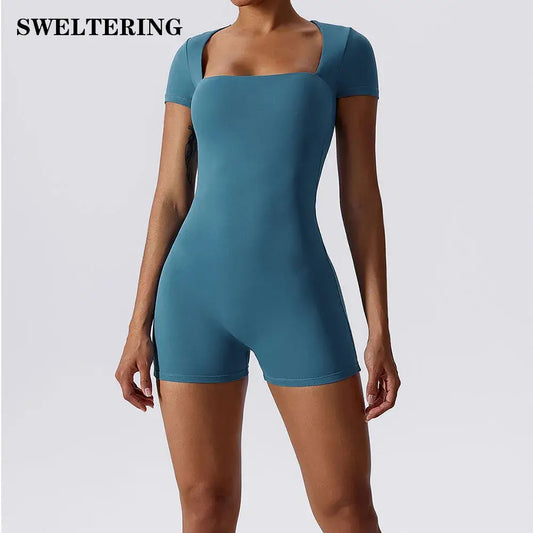 Summer Yoga Suit Women's Short One Piece Sports Suit Short Sleeve Gym.