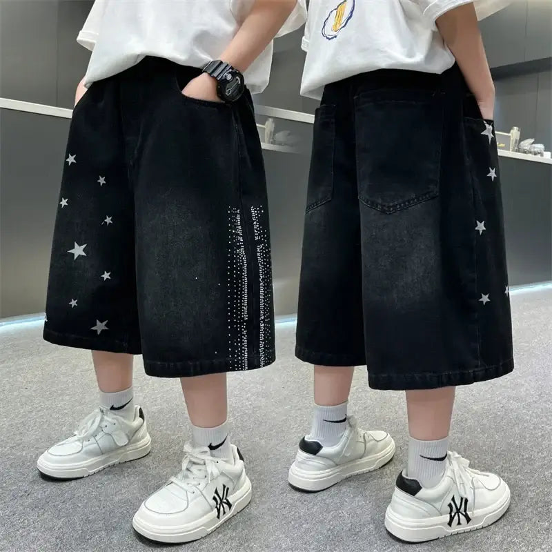 Kids Vintage Black Denim Shorts For Boys Casual Summer Shorts Teenager Children Retro Straight Knee-Length Printing Jeans Pants