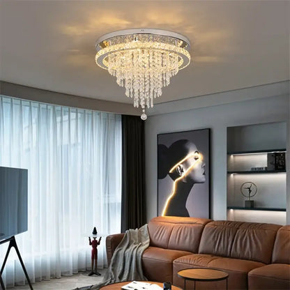Round Crystal Raindrop LED Flush-Mount Chandelier