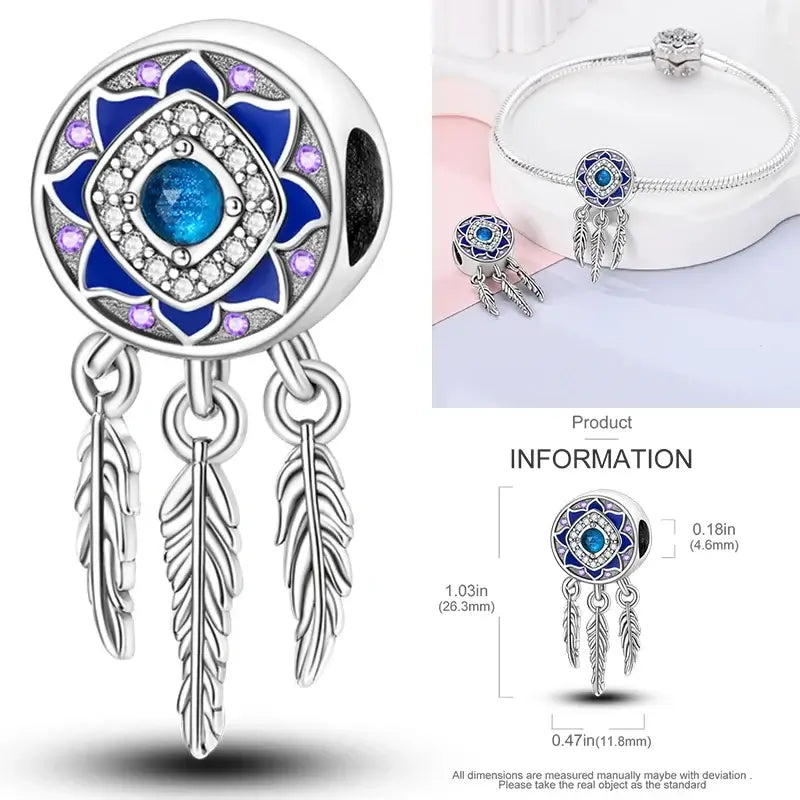 Hot Dream Catcher Feather 925 Sterling Silver Purple Colorful Moon Dreamy Blue Charm Original Fits Women DIY Jewelry Girl Charms