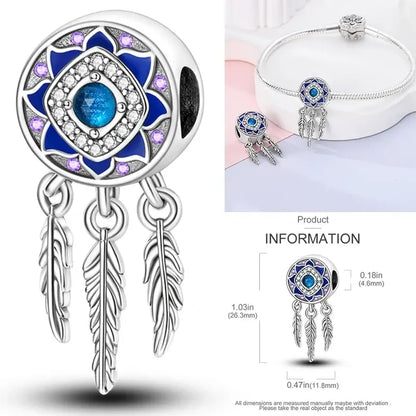 Hot Dream Catcher Feather 925 Sterling Silver Purple Colorful Moon Dreamy Blue Charm Original Fits Women DIY Jewelry Girl Charms