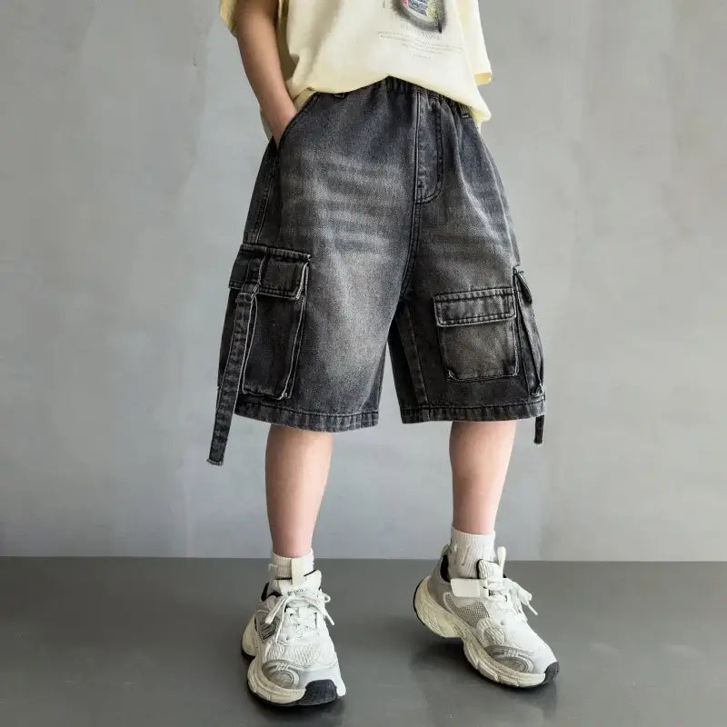 2026 Summer New Kids Designer Black Denim Cargo Shorts Tweens Boy Casual Straight Jeans Shorts For Child Age 5 6 8 10 12 14 Yrs