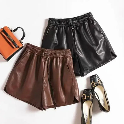 Goatskin Shorts for Women Italian Fashion Wide Leg Slim Drawstring Genuine Leather Pants Mujer Brown Pantalones Cortos  Clothing