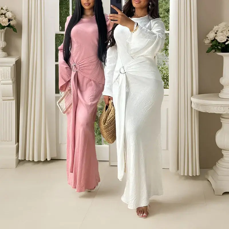 Elegant Women O Neck Lace Up Slim Robe Dress