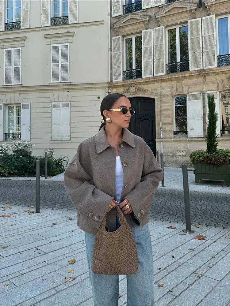 Single Breasted Lapel Solid Color Woolen Women&