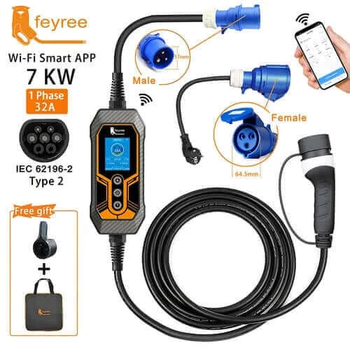 feyree Portable EV Charger Type2 32A 7KW EVSE Wi-Fi APP Control.