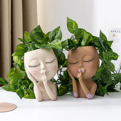 Unique Facial Statues Planter Home Bedroom Resin Head Planter With Drain Hole Ladies Face Flower Pots Garden Decor New Year Gift