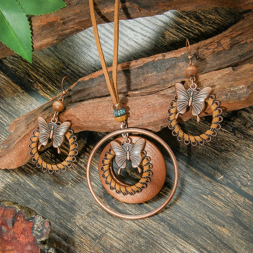 Vintage Butterfly Jewelry Set Pendant Double-layer Necklace log Style Handmade Winding PU Leather Sweater Chain Daily Wear Gifts