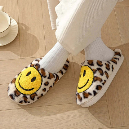 Leopard Fluffy Slippers for Home Smile Designer Platform Shoes Women 2025 Indoor Plush Sliders Warm Flats Chic Winter Footwear