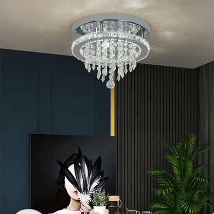 Round Crystal Raindrop LED Flush-Mount Chandelier
