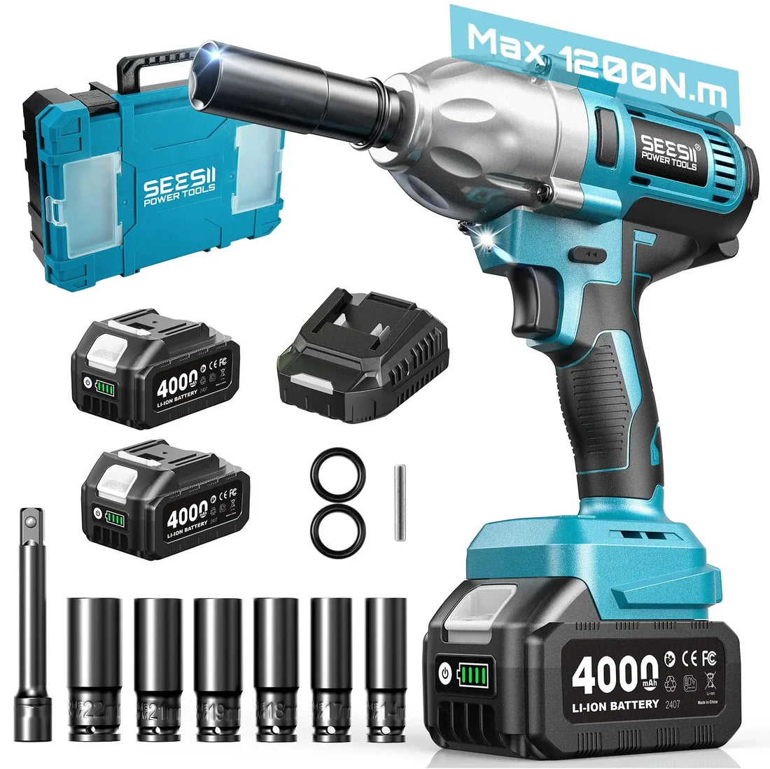 Seesii Real 1200N.m Electric Impact Wrench Brushless 1/2" High Torque Handheld Cordless Impact Gun Tool Kit LED Light 6 Socket