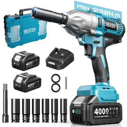Seesii Real 1200N.m Electric Impact Wrench Brushless 1/2" High Torque Handheld Cordless Impact Gun Tool Kit LED Light 6 Socket