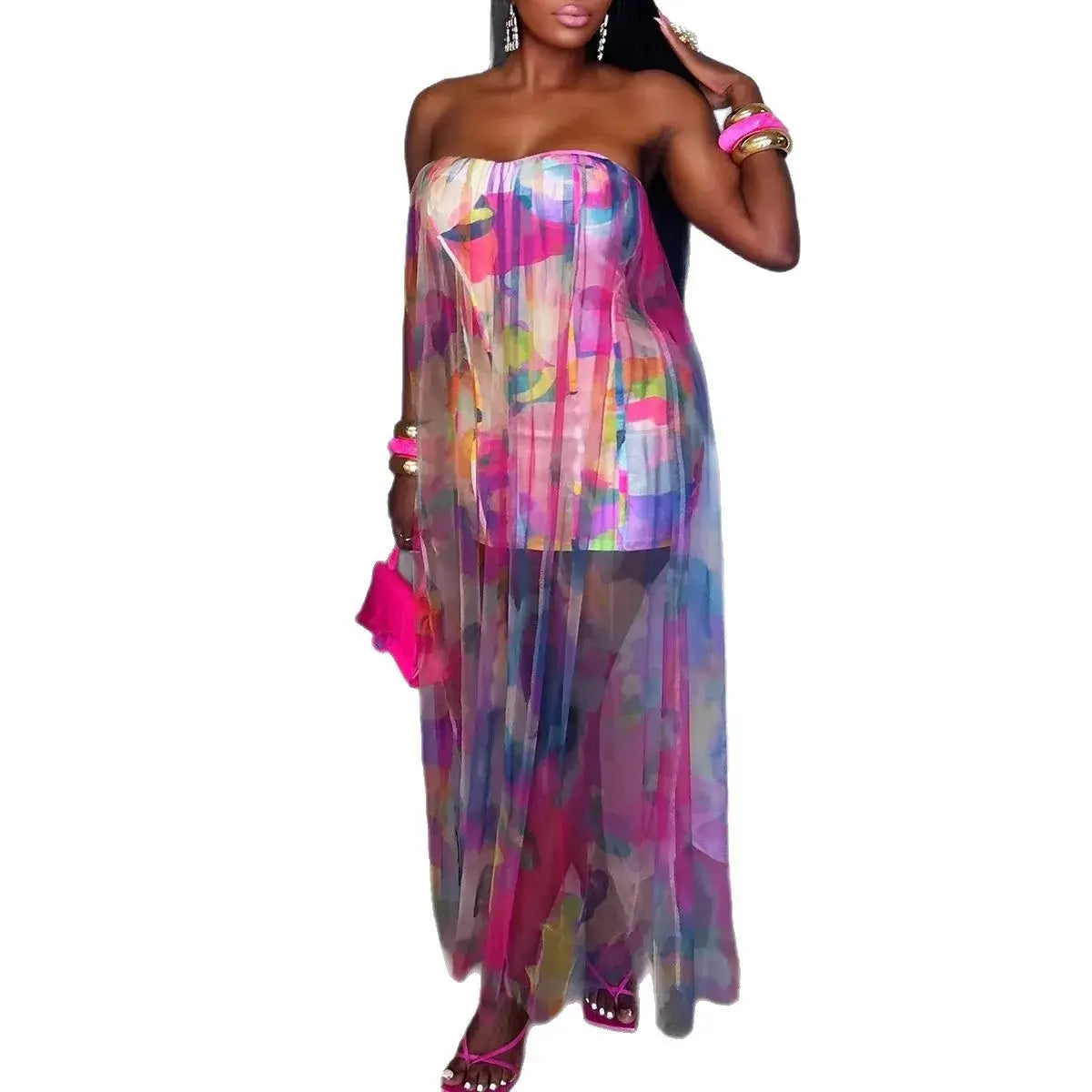 CM.YAYA Women Sleeveless Tie Dye Print Strapless Mesh Bodycon Midi Long Maxi Dress 2025 Birthday Club Party Vestido Sexy Dresses