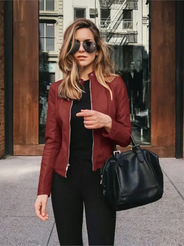 Chic Lady Slim Fit Faux Leather Jacket Women Classic Moto Biker PU