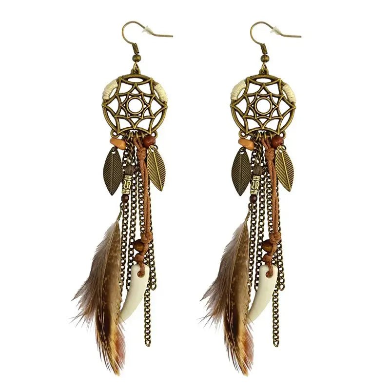 Boho Ethnic Dream Catcher Feather Antique Long Hook Earrings Fancy Handmade Chain Tassle Earring For Women Jewelry