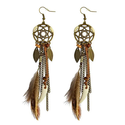 Boho Ethnic Dream Catcher Feather Antique Long Hook Earrings Fancy Handmade Chain Tassle Earring For Women Jewelry