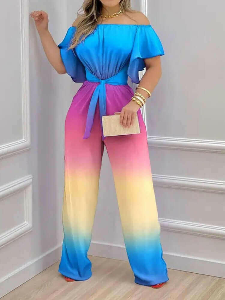 Off Shoulder Rainbow Tie-dye Print Ruffle Jumpsuit