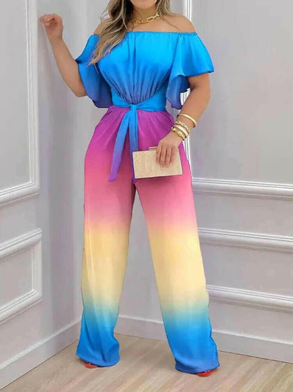 Off Shoulder Rainbow Tie-dye Print Ruffle Jumpsuit