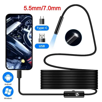 5.5/7.0MM Type-C Endoscope Camera IP67 Waterproof with 6 Adjustable LEDs USB Android Flexible Inspection Borescope for Phone PC