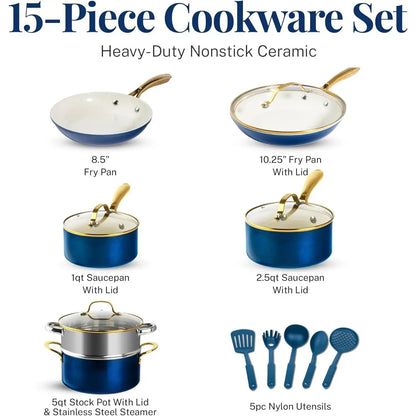 15 Pc Navy Ceramic Non-Stick Cookware Set
