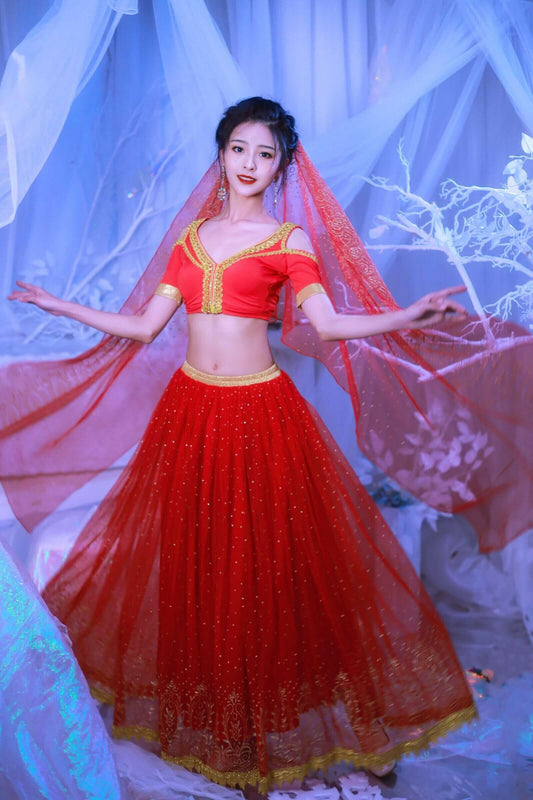 Elsa Princess Costume Belly Dance Outfit Party Cosplay Red.