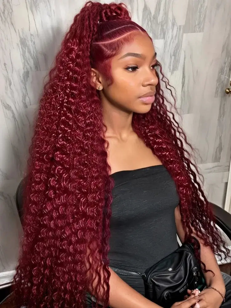 250 Density Deep Wave 99J Burgundy 13x4 Lace Frontal Wig Human Hair 13x6 Curly 30 40 Inch HD Lace Front Wigs Red Wine Water Wave