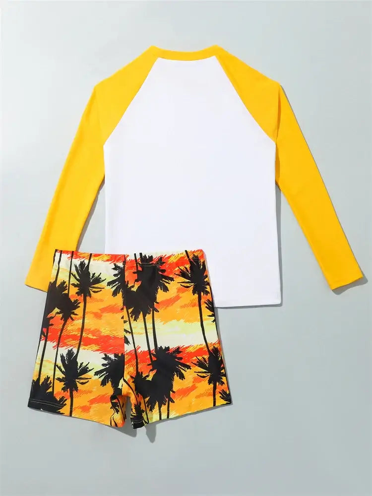 Boy Swimsuit 2024 New Coconut Tree Graffiti Long Sleeves Children