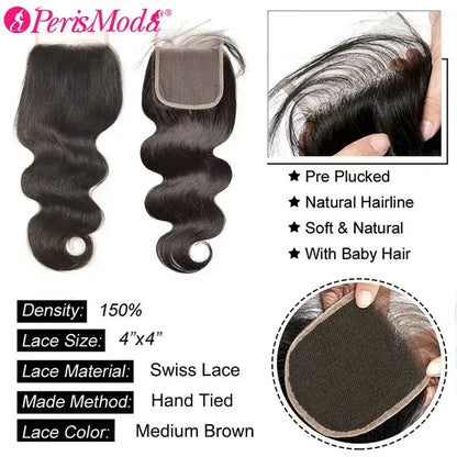 PerisModa Body Wave Bundles With Closure 12A 5x5 4x4 HD Transparent Lace Virgin Brazilian Human Hair Extensions Natural Hair