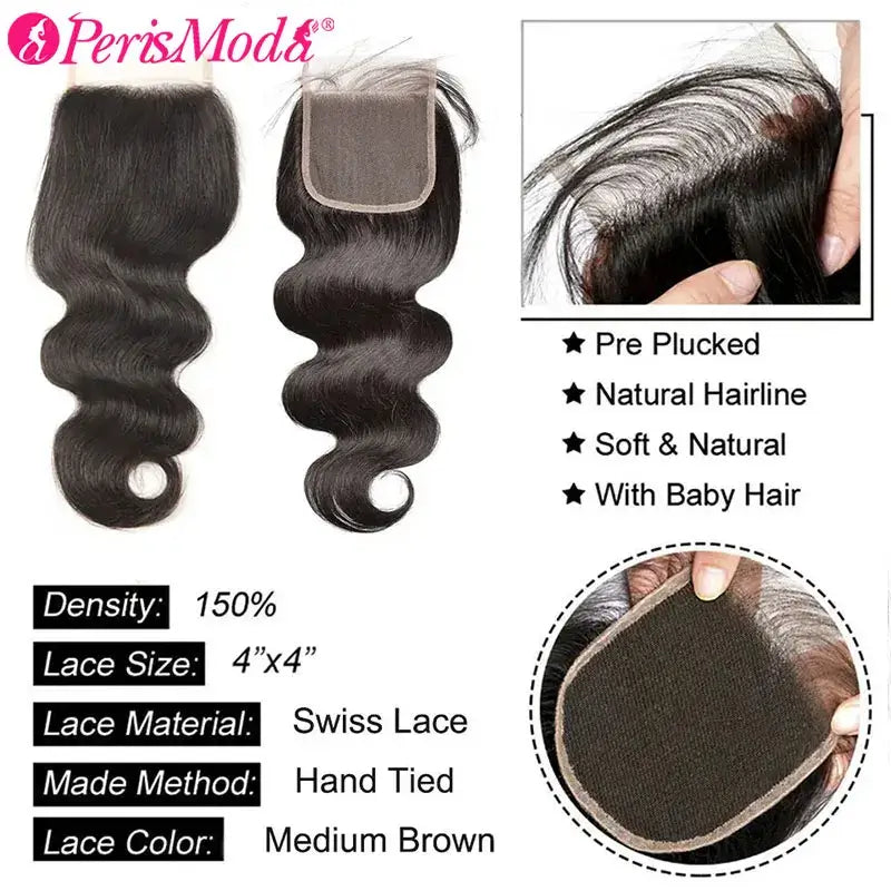 PerisModa Body Wave Bundles With Closure 12A 5x5 4x4 HD Transparent Lace Virgin Brazilian Human Hair Extensions Natural Hair