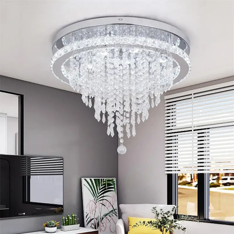 Round Crystal Raindrop LED Flush-Mount Chandelier