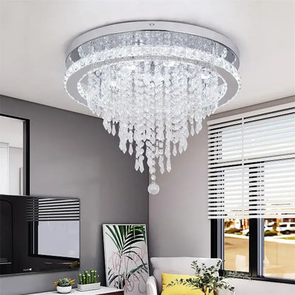 Round Crystal Raindrop LED Flush-Mount Chandelier