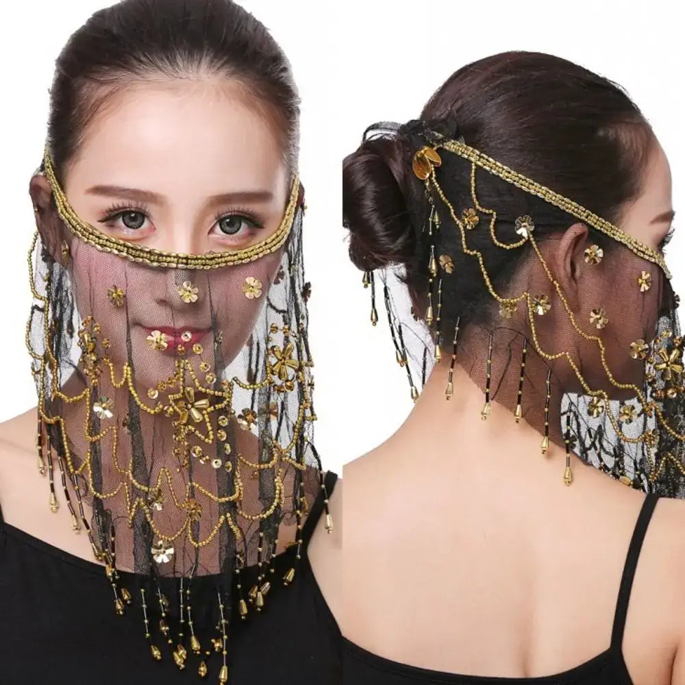 Lake Blue Color with Beaded Masquerade Party Belly Dancing Veils Face Veil Costumes Mesh Face Veil Indian Belly Dance Veil