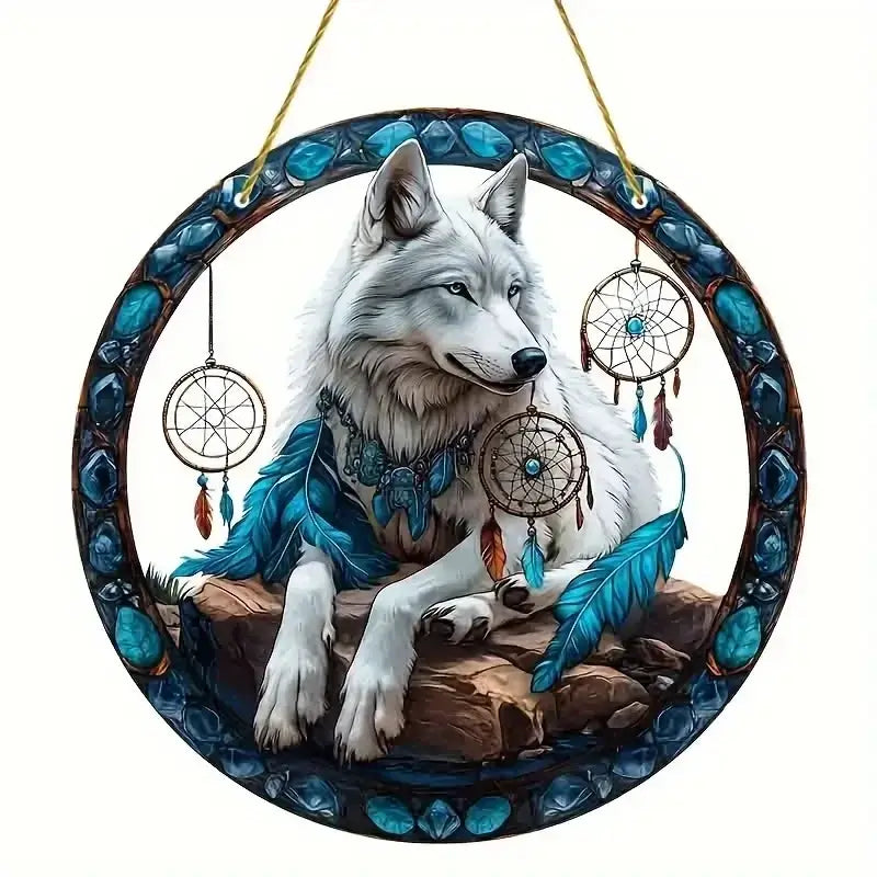 Wolf and Dream Catcher Acrylic Sunlight Catcher, Suitable for Home Porch, Courtyard and Garden Decoration, A Gift for Loved Ones