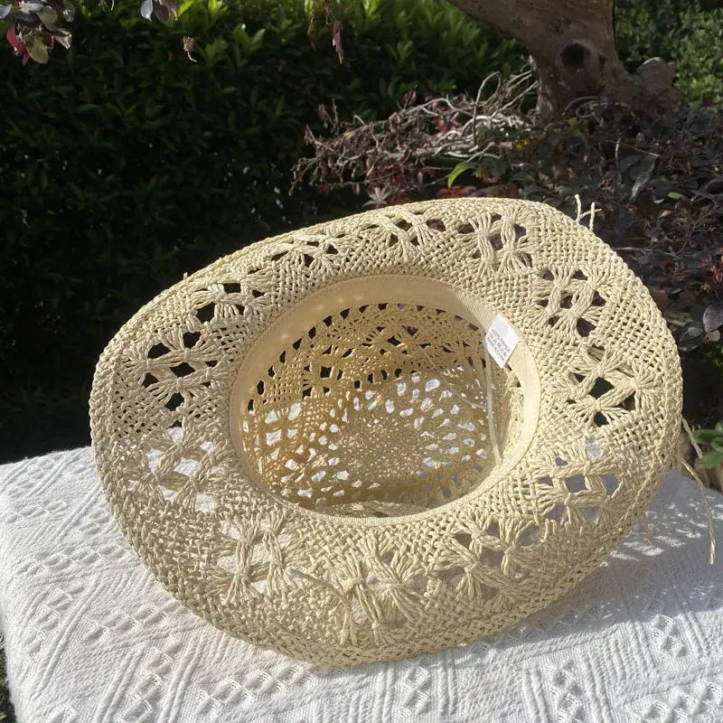 Straw Hat for Women Men Summer Handmade Classic Vintage Hollow Out Western Curled Wide Brim Sun Hat Fishing Hat Climbing Cap