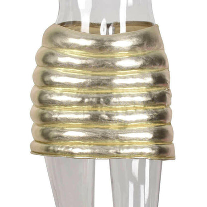 Champagne Women's Puffer Skirt Metallic Shiny Warm Quilted Mini Skirt.