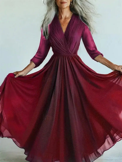 New Bohemian Style Long Sleeve Mesh Dress Vacation Vibes Full Skirt Chiffon Dress V-neck Ankle-length Regular Waistline
