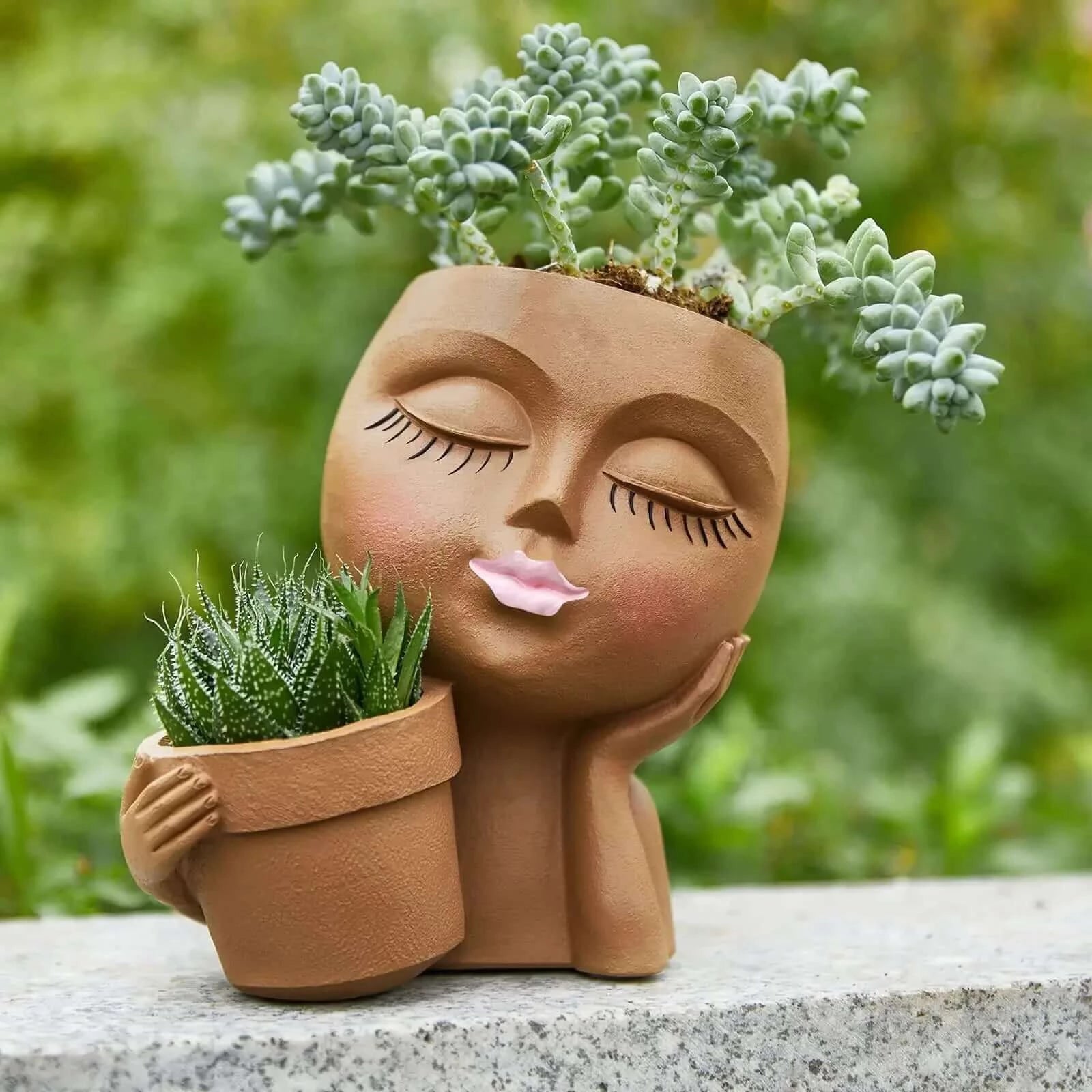 Girls Face Head Flower Planter Closed Eyes Figure Sculpture Resin