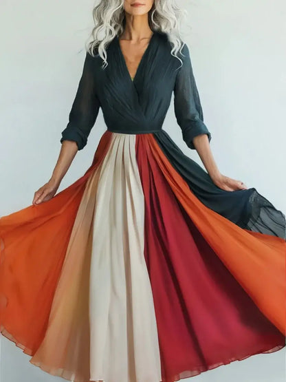 New Bohemian Style Long Sleeve Mesh Dress Vacation Vibes Full Skirt Chiffon Dress V-neck Ankle-length Regular Waistline