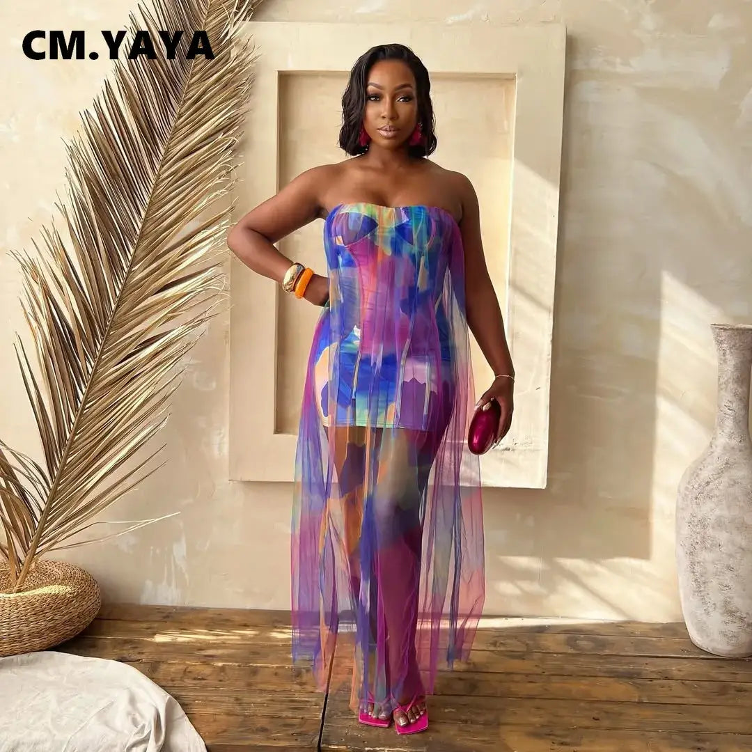 CM.YAYA Women Sleeveless Tie Dye Print Strapless Mesh Bodycon Midi Long Maxi Dress 2025 Birthday Club Party Vestido Sexy Dresses