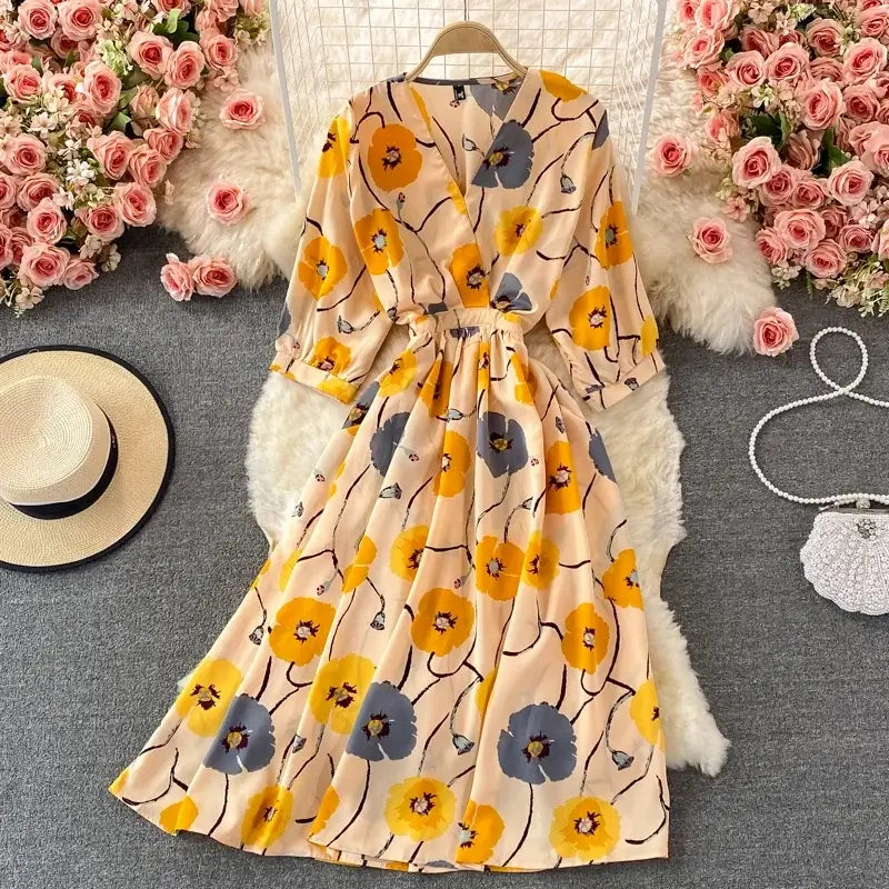 Elegant Floral V-neck Midi Dress for Women