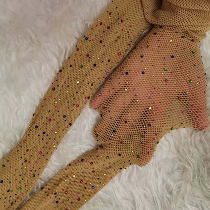 Fishnet Diamond Pantyhose Women  Fashion Shiny Net Tights Female Slim Rhinestone Mesh Nylon Stockings Tights