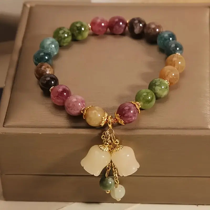 1pc Chinese Style Multi Gemstone Beaded Bracelet Lily of The Valley Pendant Bracelet Vintage Healing Stone Bracelet Elegant Daily Wear Jewelry For Women