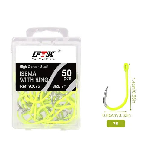 FTK 50PCS Sharp High-carbon Steel Fishhooks Barbed Fluorescent Fishing