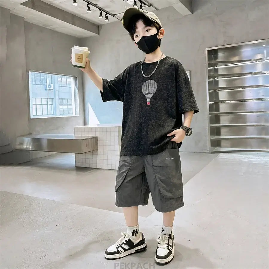 Fashion Boys Summer Outfit T-shirt Shorts Sports Set Children Top and Bottom Tracksuit Set Kids Casual Cotton Sportswear 5-14Y
