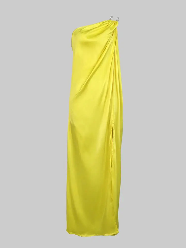 Women Fashion One-Shoulder Split-Side Halter Prom Dress 2024 New Summer Sleeveless Pleated Party Evening Dresses