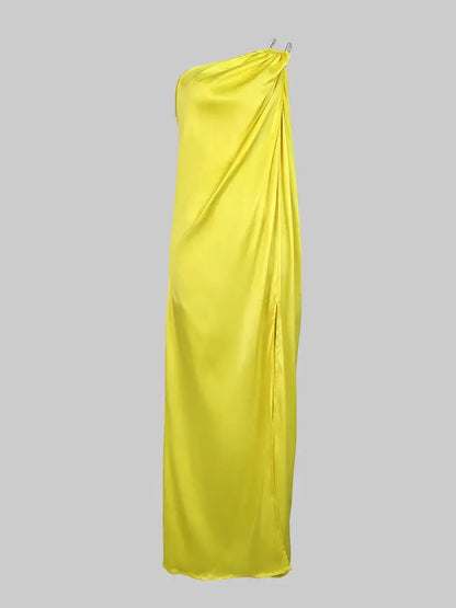 Women Fashion One-Shoulder Split-Side Halter Prom Dress 2024 New Summer Sleeveless Pleated Party Evening Dresses