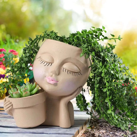 Girls Face Head Flower Planter Closed Eyes Figure Sculpture Resin.