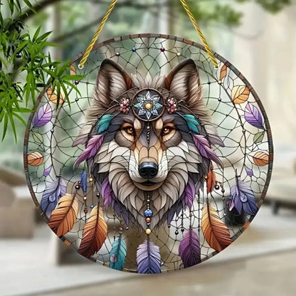 Wolf and Dream Catcher Acrylic Sunlight Catcher, Suitable for Home Porch, Courtyard and Garden Decoration, A Gift for Loved Ones